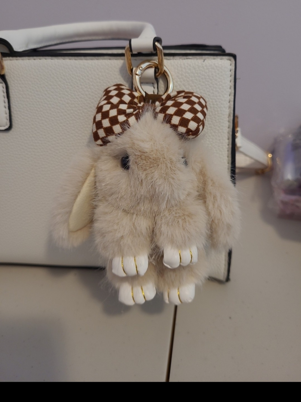 Plush Bunny Bag Charm Keychain with Checkered Bow - Cream & Brown
